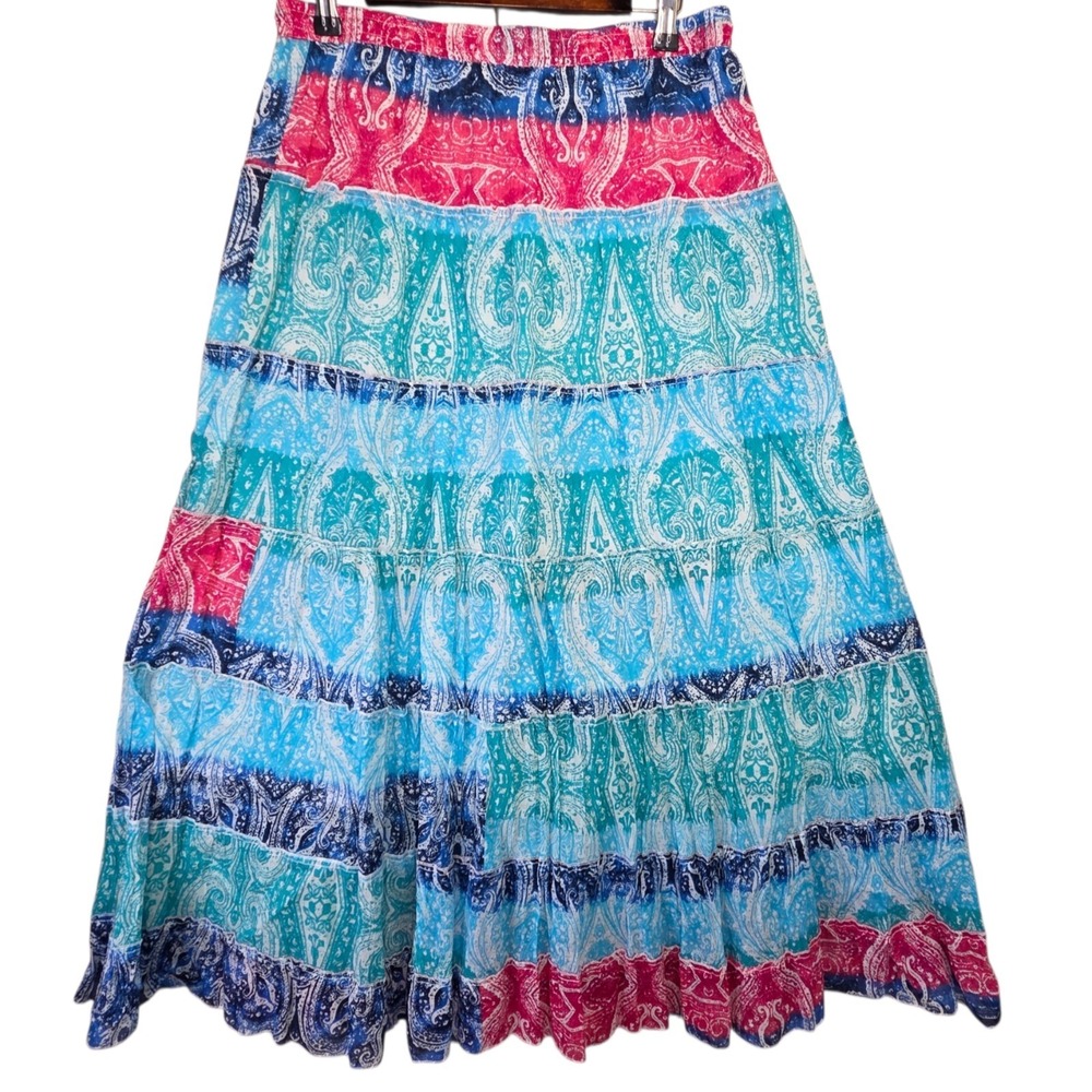 Boho Indie Full Tiered Cotton Maxi Skirt Blue Paisley SZ M Coastal Festival